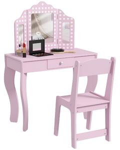 AIYAPLAY Kids Dressing Table Sets with Stool and Tri-Fold Mirror, Drawer for Playroom, Bedroom - Pink Aosom UK