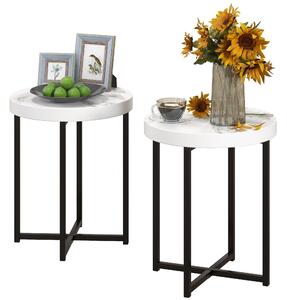 HOMCOM Set of 2 Round Side Table with Metal Legs, Modern End Table Bedside Table for Living Room, Bedroom, White Aosom UK