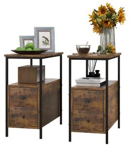 HOMCOM Set of 2 Side Table, Narrow Bedside Table with 2 Drawers and Storage Shelf, Industrial End Table with Metal Frame, Rustic Brown Aosom UK