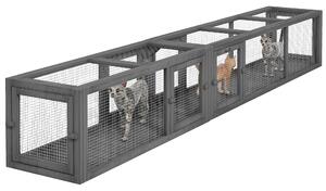 PawHut Cat Tunnel, 250cm Extra Long Wooden Cat Play Tunnel with 8 Doors, L-shape/Rectangle, Outdoor Cat Enclosures, Dark Grey