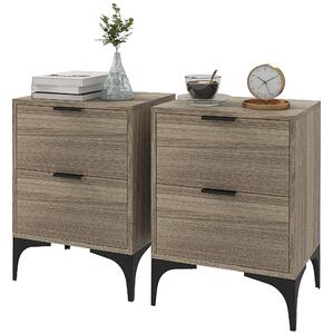 HOMCOM Bedside Tables Set of 2, Modern Nightstand with 2 Drawers, Small Sofa End Tables with Storage and Steel Legs for Bedroom, Living Room, Grey