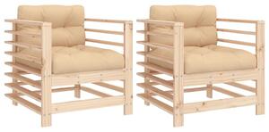 Velaro Garden Natural Solid Pinewood Armchairs with Beige Cushions in Pair