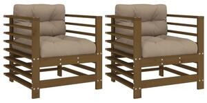 Velaro Garden Honey Brown Solid Pinewood Armchairs with Taupe Cushions in Pair
