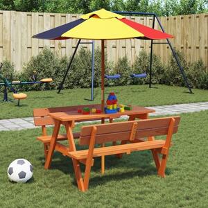Zivelo Outdoor Solid Wood Picnic Table Set with Multicolour Umbrella in Dark Brown