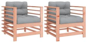 Velaro Garden Natural Solid Pinewood Armchairs with Grey Cushions in Pair