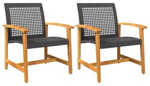Zelivo Garden Black Poly Rattan Armchair with Acacia Wood Frame in Pair