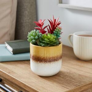 Artificial Succulents in Yellow Stripe Glazed Plant Pot