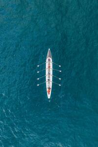 Art Photography Rowboat on the ocean as seen from above, France, Abstract Aerial Art, (26.7 x 40 cm)