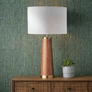Laurence Tan Leather Brass Table Lamp with 40cm Linen Drum Shade Tan