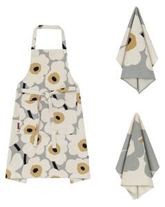 Marimekko Unikko anniversary apron + kitchen towel 3 pieces Grey-linen-straw-dark blue