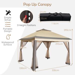 Costway 3.3M X 3.3M Height Adjustable Pop up Gazebo with Carry Bag-Coffee