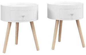 HOMCOM Modern Side Table, Small Coffee Table, Round Bedside Table with Drawer and Wood Legs for Living Room, Bedroom, Set of 2, White Aosom UK