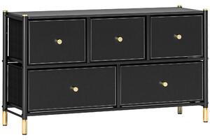 HOMCOM Chest of Drawers, 5 Drawer Fabric Dresser with PU Leather Surface, Steel Frame, Storage Organizer Unit for Bedroom Black Aosom UK