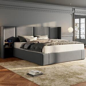 Super King Size Upholstered Bed Frame with Lift-Up Storage, Wide-Ear Design Ottoman Bed with Socket, 2 Bedside Tables, 180x200 cm, Grey Aosom.UK