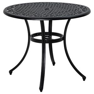 Outsunny Cast Aluminium Garden Table, 90cm Round Outdoor Dining with Parasol Hole, for Balcony, Black