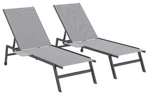 Outsunny Sun Loungers Set of 2 with Side Tray Table, Garden Recliners with 5-Position Adjustable Backrest, 2 Wheels, Grey
