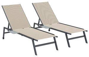 Outsunny Sun Loungers Set of 2 with Side Tray Table, Garden Recliners with 5-Position Adjustable Backrest, 2 Wheels, Khaki