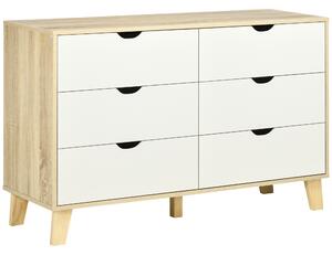HOMCOM Wide Chest of Drawers, 6-Drawer Storage Organiser Unit with Wood Legs for Bedroom, Living Room, White and Light Brown