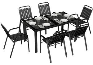 Outsunny 7 Pieces Outdoor Dining Set with Umbrella Hole, Garden Table and Chairs Set for 6 with Metal Table and Stackable Chairs
