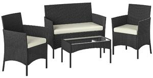 Outsunny 4 Piece Rattan Garden Furniture Sofa Set with Loveseat, Armchairs, Glass-Top Coffee Table and Cushions, Cream White