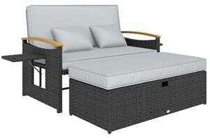 Outsunny Double Garden Rattan Daybed, Wicker Sun Bed Chaise Lounger with Storage Ottoman, 4-Level Adjustable Backrest, Dark Grey