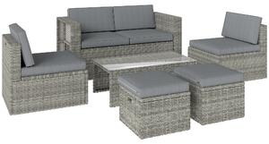 Outsunny 6 Piece Rattan Garden Furniture Set, Nesting Patio Conversation Set with Loveseat, Chairs, Table, Footstools, Dark Grey