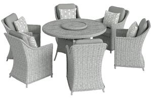Outsunny Rattan Garden Dining Set with Lazy Susan, Marble Effect Glass Round Garden Table and Chairs with Aluminium Frame, Grey
