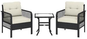 Outsunny 3 Pieces Rattan Bistro Set with Glass Top Coffee Table, Chairs and Cushions for Outdoor, Patio, Balcony, Cream