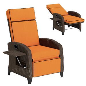 Outsunny Garden Recliner with Cushion, Outdoor Recliner Chair with Adjustable Backrest & Footrest, Side Tray, Orange