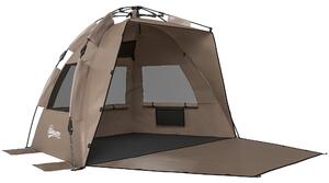 Outsunny 2-3 Person Pop Up Beach Tent, UPF15+ Sun Shelter with Extended Floor, Sandbags, Mesh Windows and Carry Bag, Brown