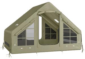 Outsunny Inflatable Camping Tent with Pump and Stove Jack Hole, Luxury Inflatable Tent with Mesh Windows, Doors, Olive Green