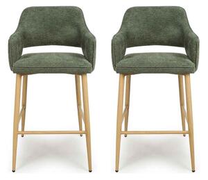 Eureka Green Fabric Bar Chairs with Oak Legs in Pair