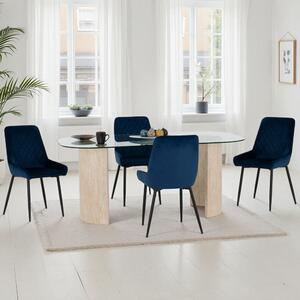 Mirano Clear Glass Top Dining Table With 4 Alsip Sapphire Blue Chairs