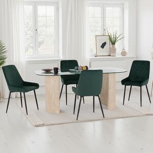 Mirano Clear Glass Top Dining Table With 4 Avah Emerald Green Chairs