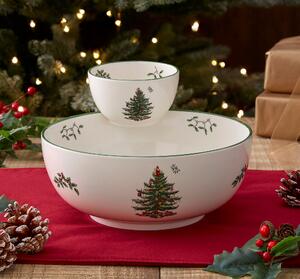 Dunelm Porcelain White & Green Christmas Tree Tiered Chip 'n Dip Bowl, 15.2cm x 24.5cm x 28cm White