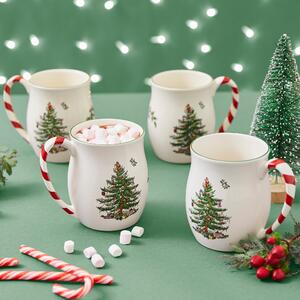 Dunelm White & Green Christmas Tree Set of 4 Candy Cane Mugs, 8cm x 12cm x 11cm White