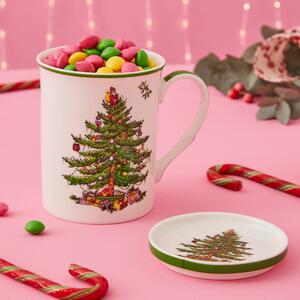 Dunelm White & Green Christmas Tree Mug and Coaster Set, 8.5cm x 12cm x 10.5cm White