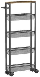 HOMCOM Slim Storage Trolley, 5-Tier Kitchen Cart on Wheels with Wood-effect Top, Handle for Living Room, Bathroom, Black