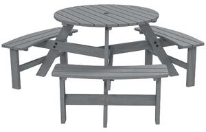 Outsunny 6 Seater Wooden Picnic Table and Bench Set Round Patio Dining Set with 3 Benches and Umbrella Hole Outdoor Garden Park, Grey