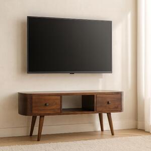 Round Solid Mango Wood Media Unit with 2 Smooth-Gliding Drawers and Open Shelf, Stand for TV and Media, 30L x 100W x 37H cm, Brown Aosom UK