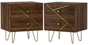 HOMCOM Bedside Tables Set of 2, Modern Side Table Set with 2 Drawers and Steel Hairpin Legs, Nightstand for Bedroom, Brown Wood Grain