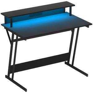 HOMCOM Gaming Desk with LED Lights and Power Outlets, 100 x 60cm Z Shaped Computer Desk with Monitor Stand and Steel Frame for Home Office, Black