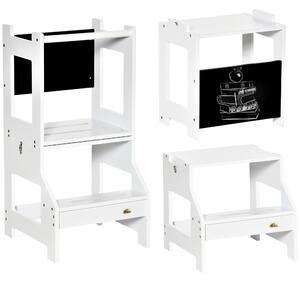 HOMCOM 2-in-1 Kids Step Stool, Toddler Table and Chair Set, with Safety Rail Chalkboard Kitchen Helper Standing Tower, White