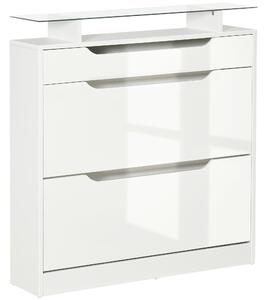 HOMCOM Shoe Cabinet High Gloss, 3 Drawer Storage, Tipping Bucket Design, Glass Top, 14 Pairs Capacity, White