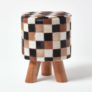 Homescapes Cream, Brown and Tan Hide Check Stool with Wooden Legs