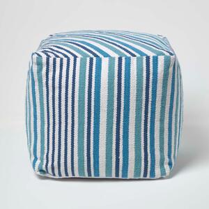 Homescapes Blue and White Stripe Cube Square Footstool 40 x 40 x 40 cm