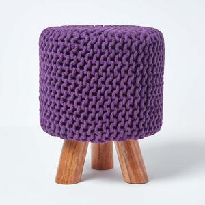 Homescapes Deep Purple Tall Knitted Cotton Footstool with Legs