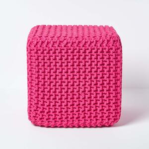 Homescapes Hot Pink Knitted Cotton Cube Footstool 35 x 35 x 35 cm