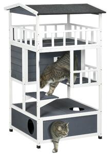 PawHut Cats Fir Wood 3-Tier Waterproof Play House Grey