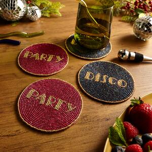 Set of 4 Party & Disco Slogan Glass Bead Coasters Multicoloured